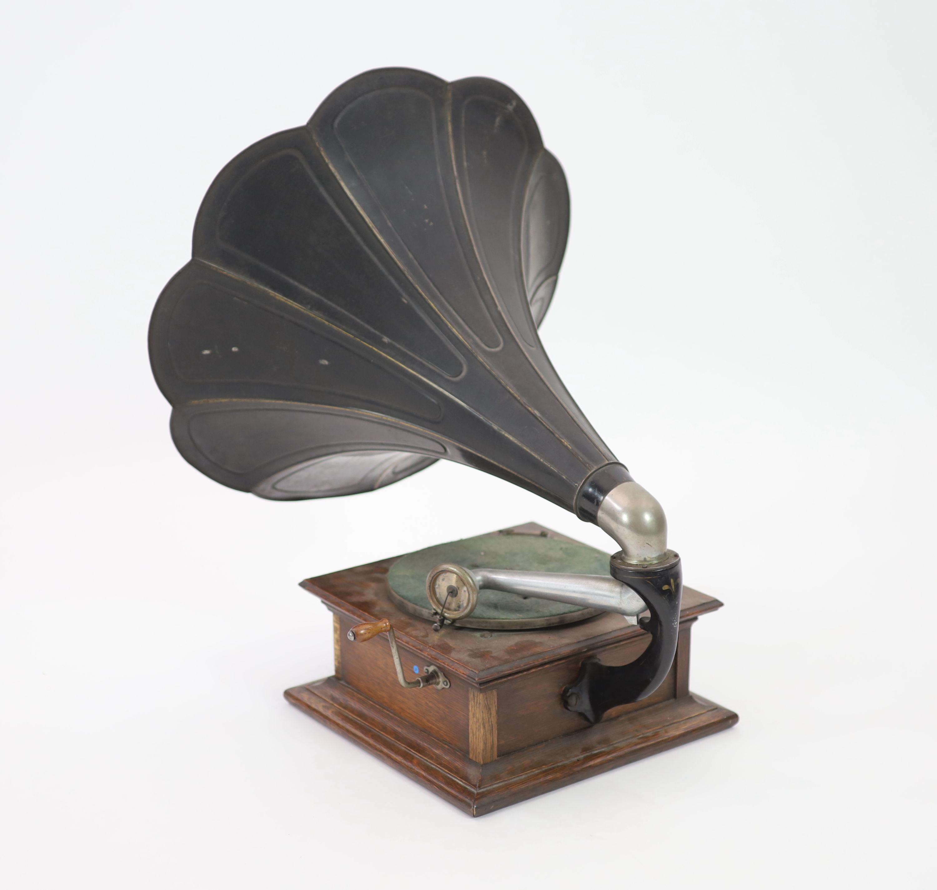 An Edwardian oak cased Columbia gramophone 70cm high.